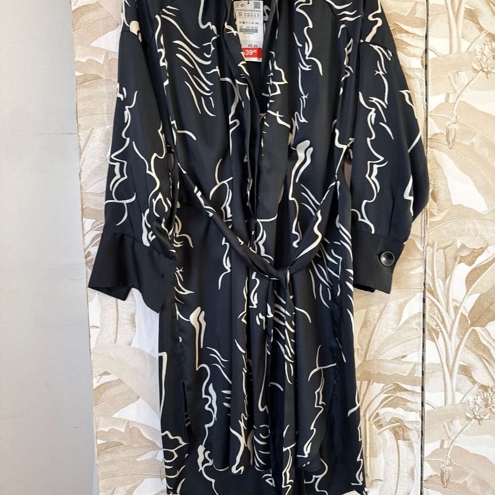 ZARA Black Abstract Print Shirt Dress – Long Sleeve Tie Waist Mini - Picture 3 of 7